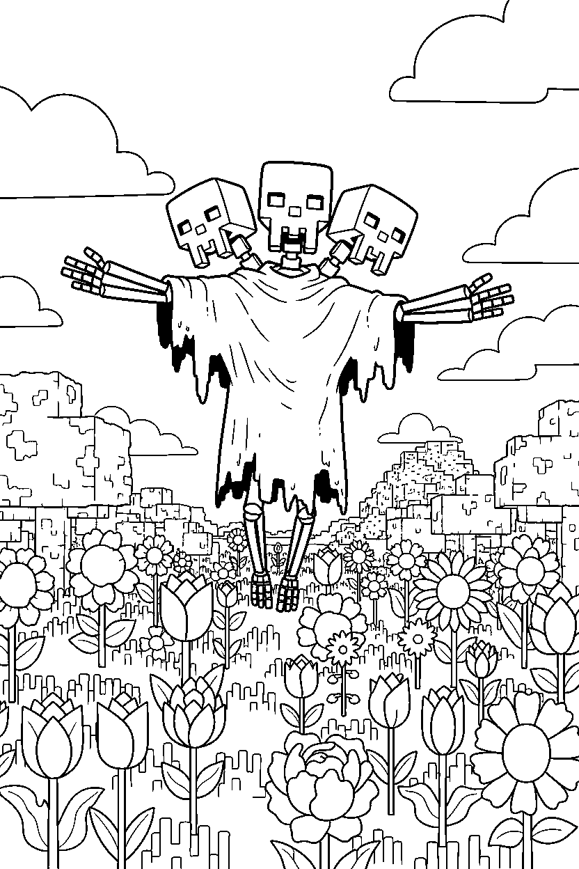 minecraft wither skeleton gliding in a flower forest line art