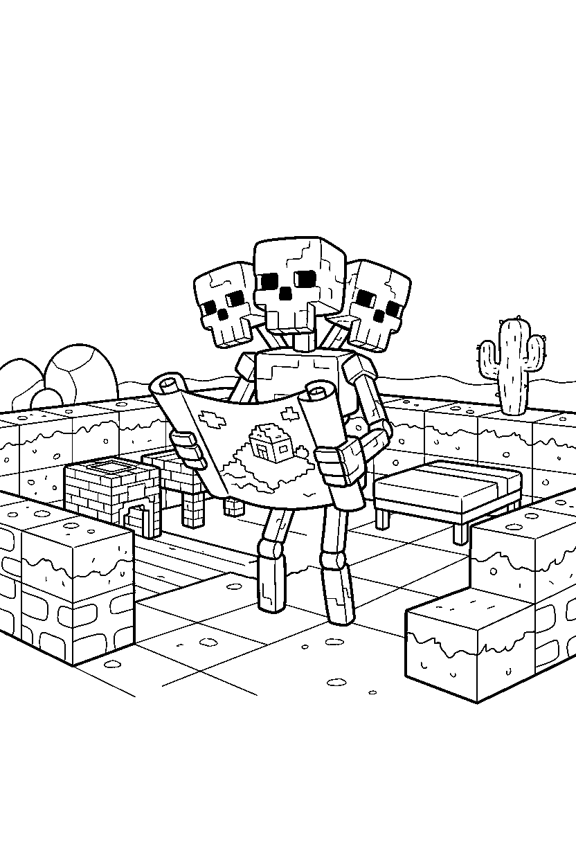 minecraft wither skeleton holding a map in a survival base line art