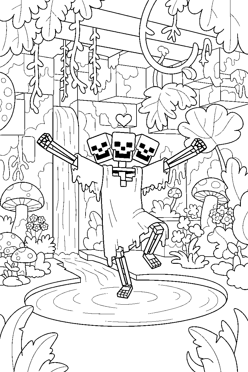 minecraft wither skeleton posing happily in a lush cave line art