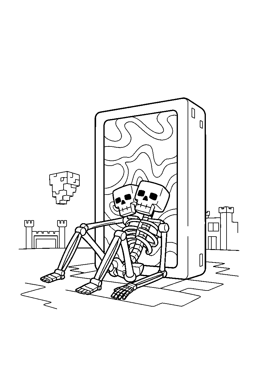 minecraft wither skeleton relaxing peacefully near a nether portal line art