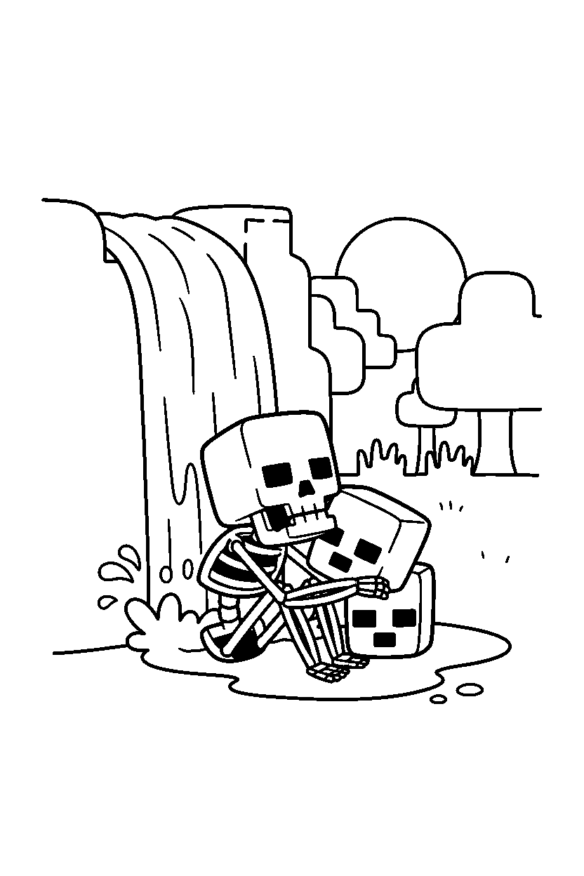 minecraft wither skeleton sleeping peacefully near a waterfall line art