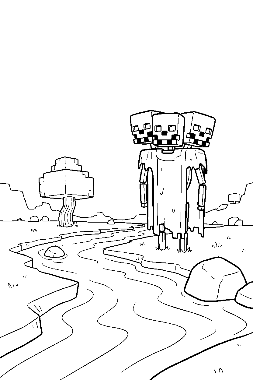 minecraft wither skeleton standing calmly near a river line art