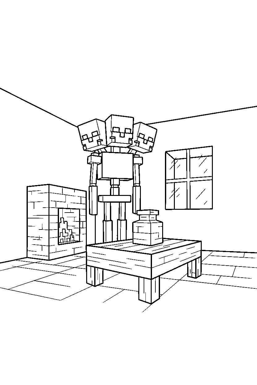 minecraft wither skeleton watching calmly inside a house line art
