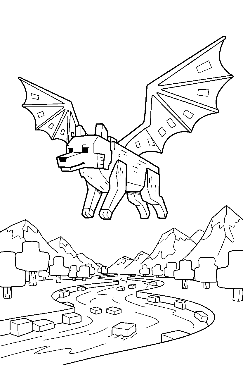 minecraft wolf flying calmly near a river line art