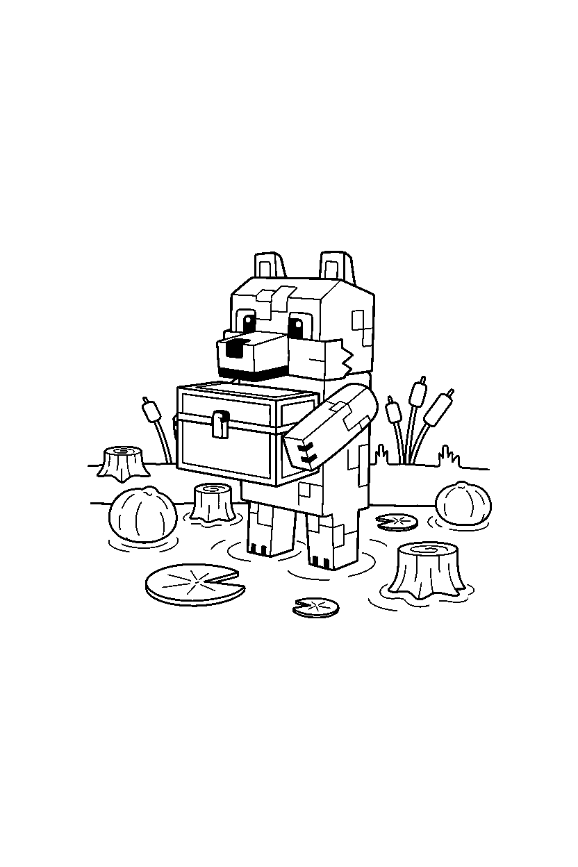 minecraft wolf holding a chest in a swamp line art
