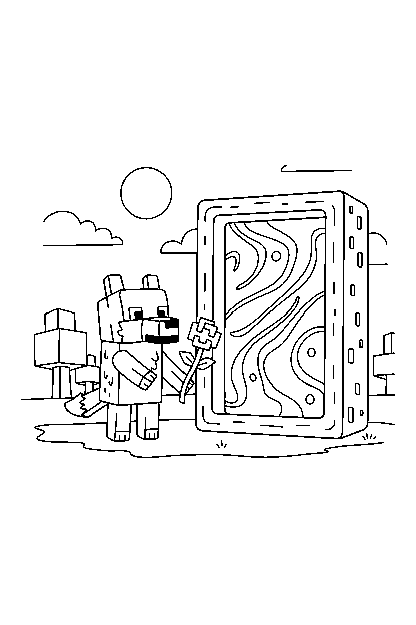 minecraft wolf holding a flower near a portal line art