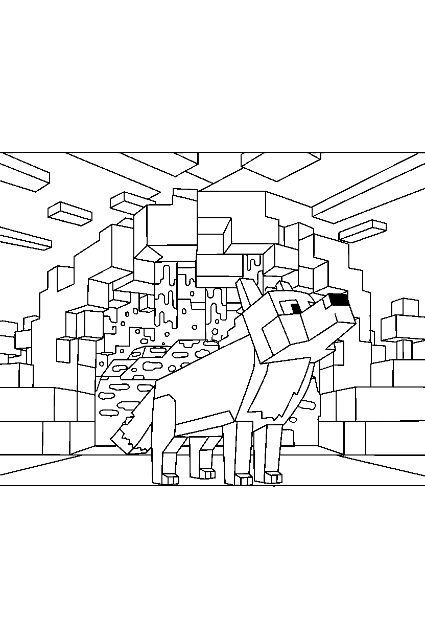 minecraft wolf looking at the sky near a lava cave line art
