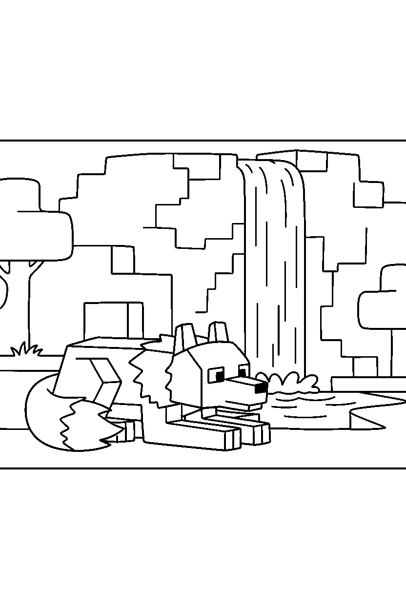 minecraft wolf resting calmly near a waterfall line art