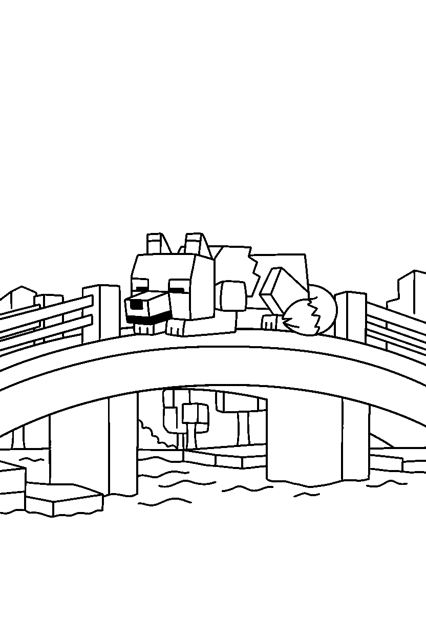 minecraft wolf resting calmly on a bridge line art