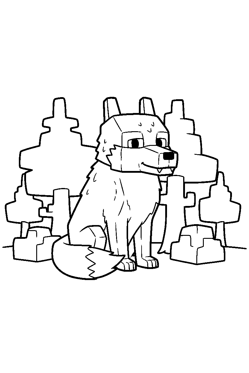 minecraft wolf sitting calmly in a dark forest line art