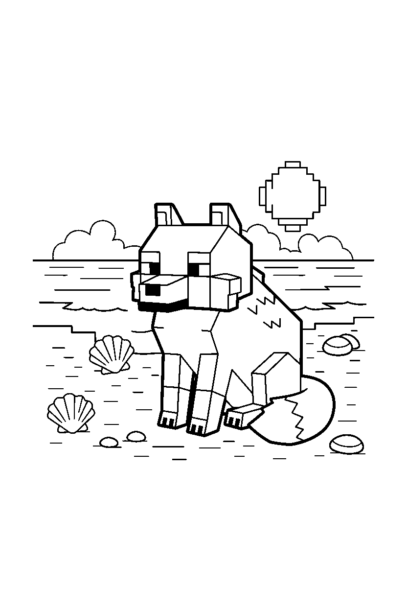minecraft wolf sitting calmly on an ocean shore line art