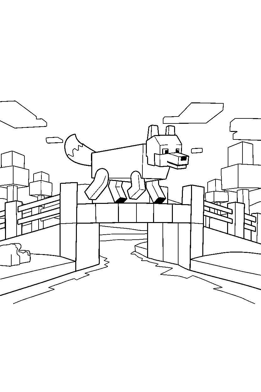 minecraft wolf walking happily on a bridge line art