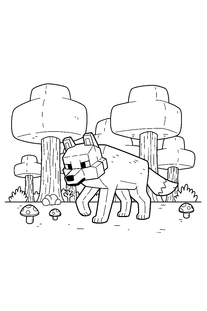 minecraft wolf wandering curiously in a forest line art