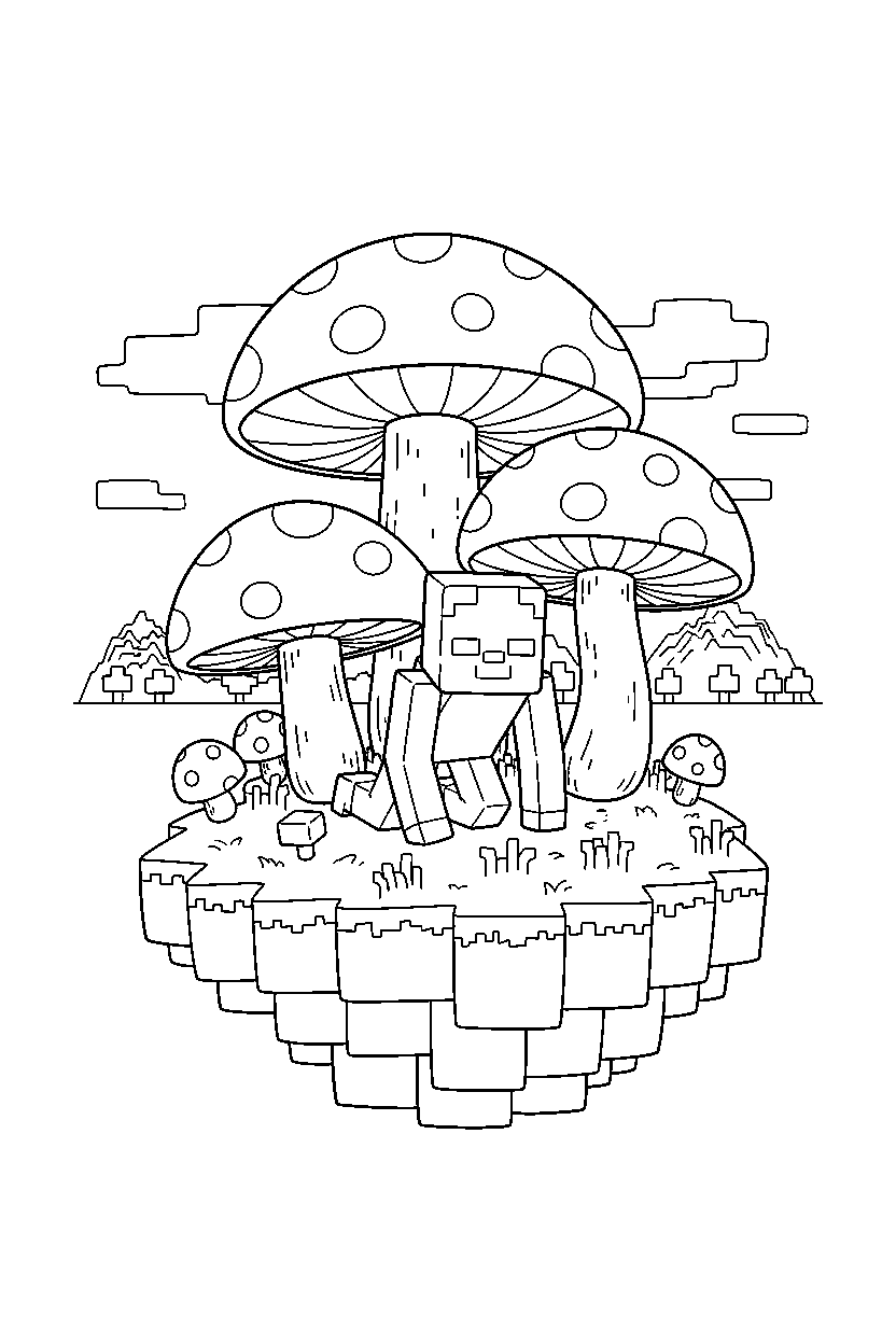 minecraft zombie crawling calmly on a mushroom island line art