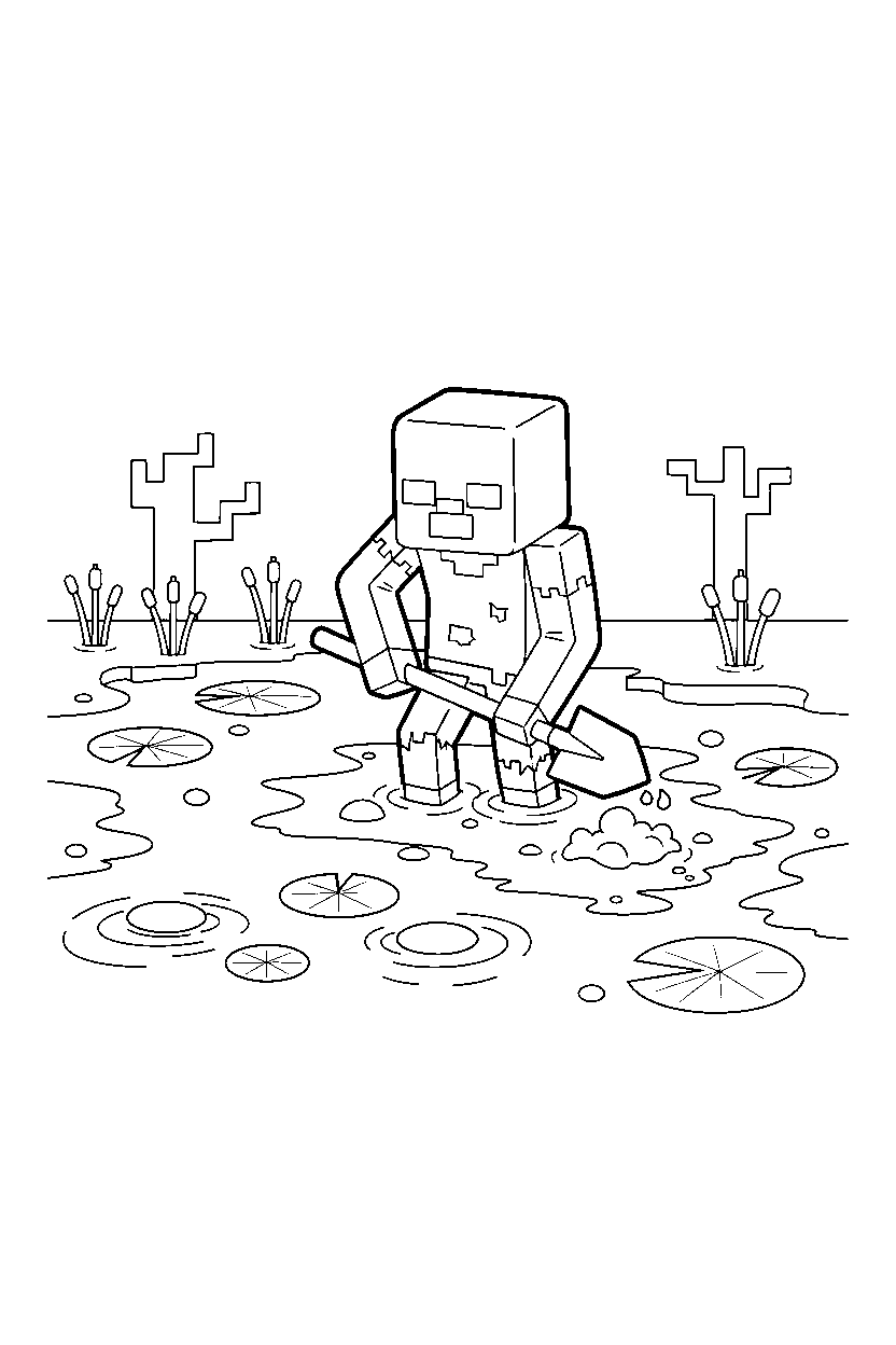 minecraft zombie digging in a swamp line art