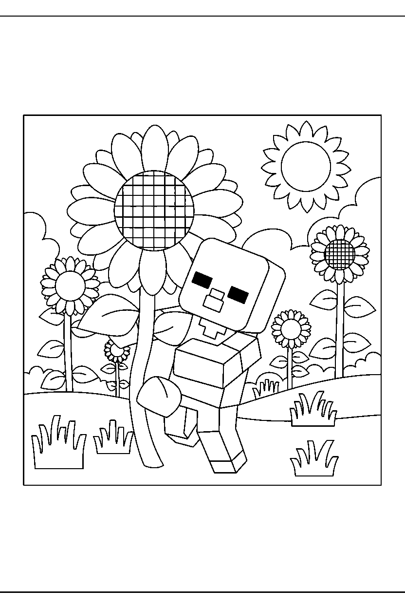 minecraft zombie exploring curiously in sunflower plains line art