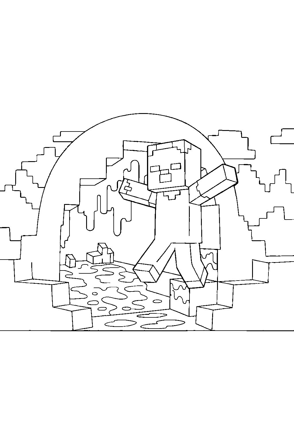 minecraft zombie gliding calmly near a lava cave line art