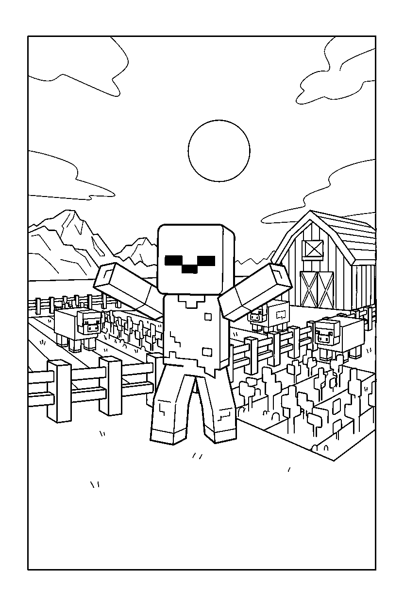 minecraft zombie guarding an area inside a farm line art