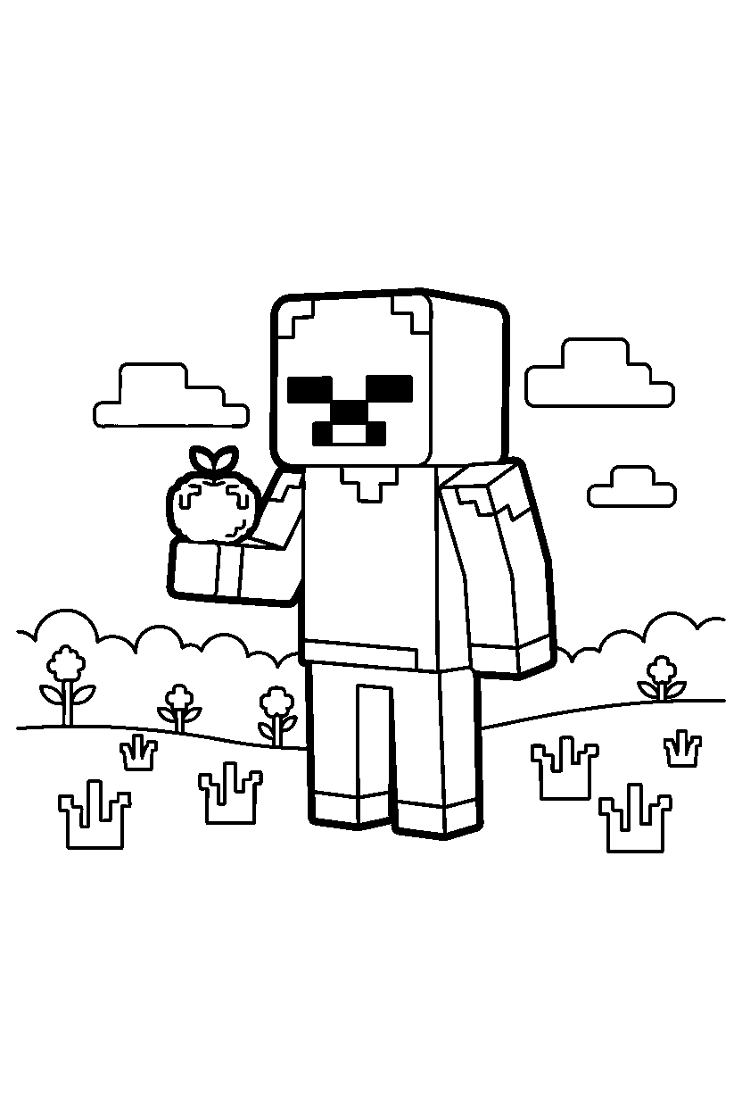 minecraft zombie holding an apple in a meadow line art