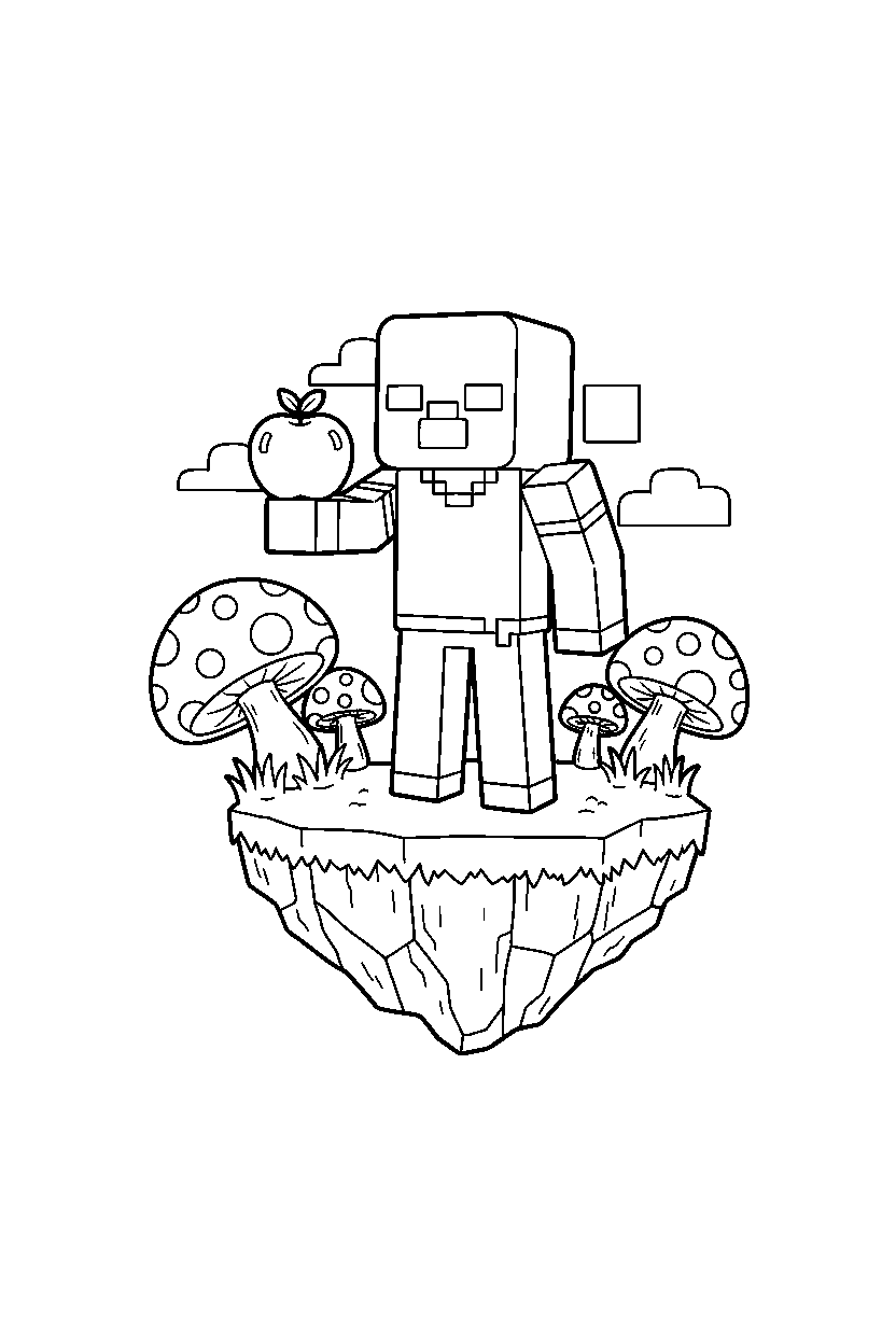 minecraft zombie holding an apple on a mushroom island line art
