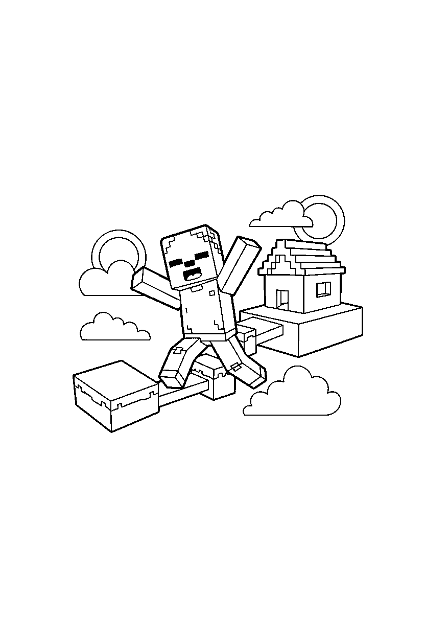 minecraft zombie jumping playfully in a sky base line art