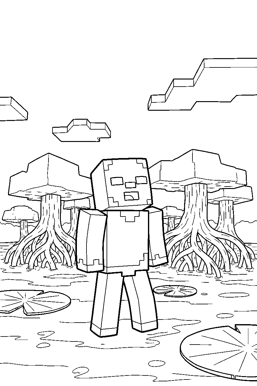minecraft zombie looking at the sky in a mangrove swamp line art