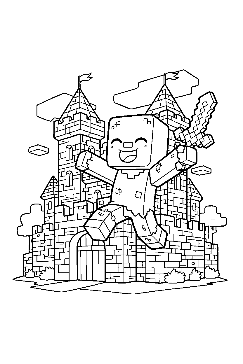 minecraft zombie playing happily in a castle base line art
