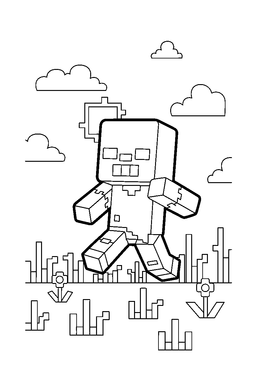 minecraft zombie playing happily in a meadow line art