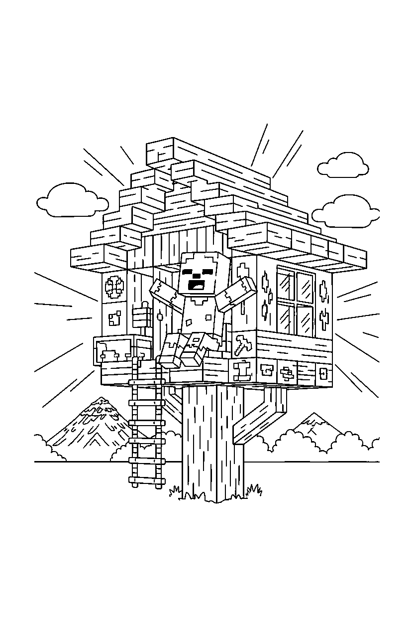 minecraft zombie playing happily in a treehouse base line art