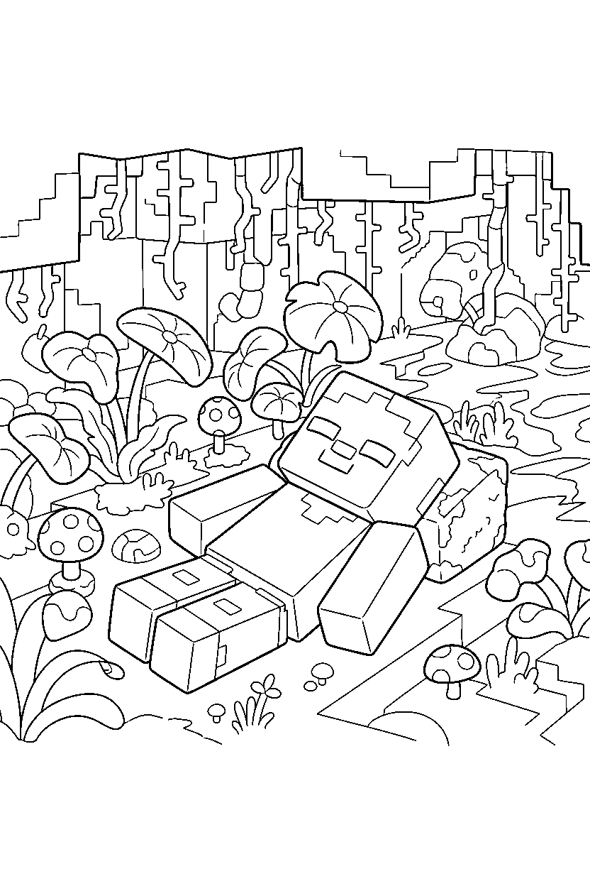 minecraft zombie resting calmly in a lush cave line art