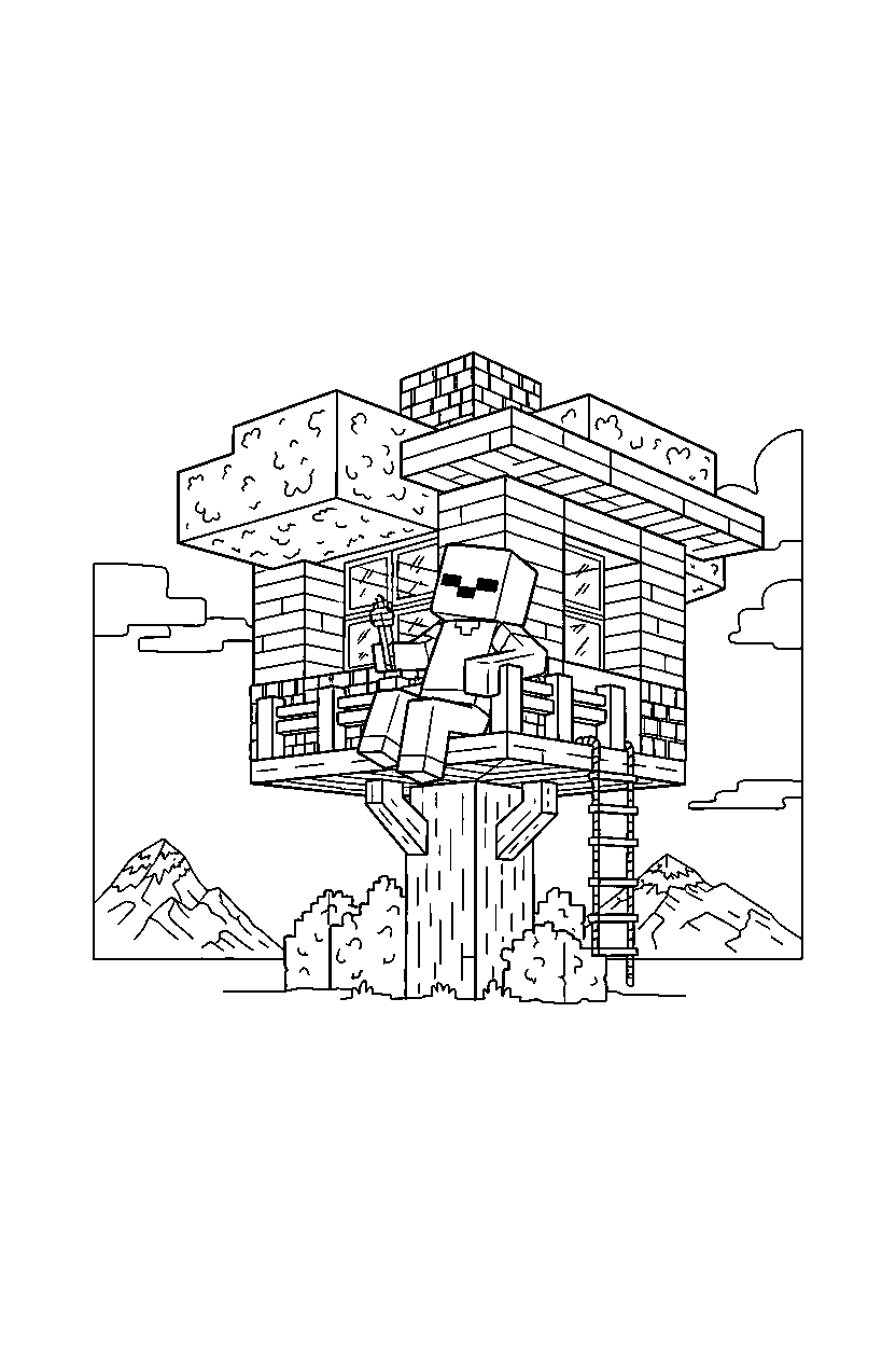 minecraft zombie resting calmly in a treehouse base line art