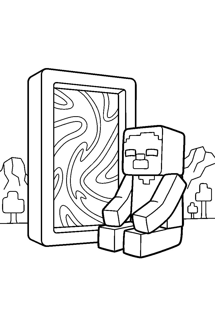 minecraft zombie resting calmly near a portal line art