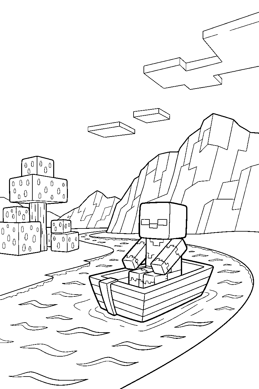 minecraft zombie riding a boat near a river line art