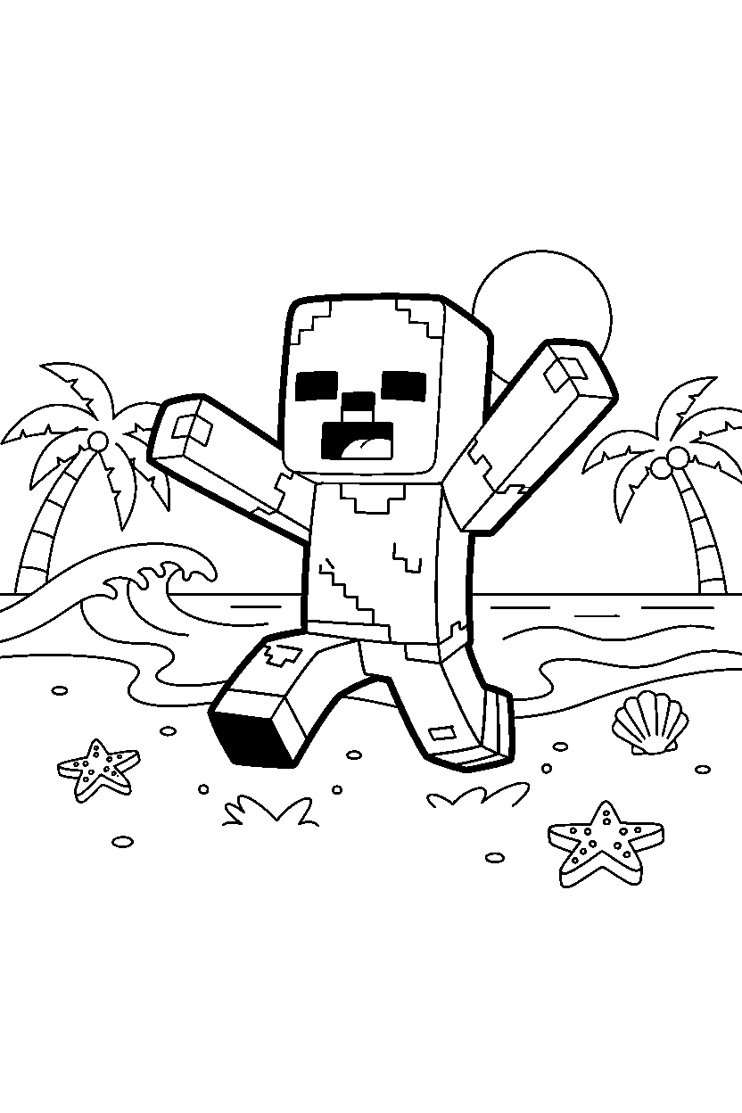 minecraft zombie running happily on a beach line art