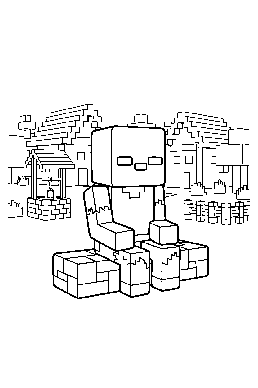 minecraft zombie sitting calmly in a village line art