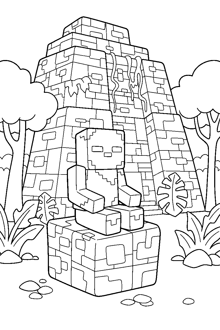 minecraft zombie sitting in a jungle temple line art
