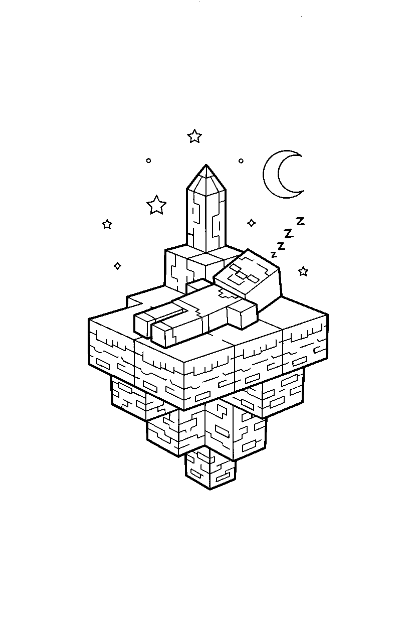 minecraft zombie sleeping peacefully on an end island line art