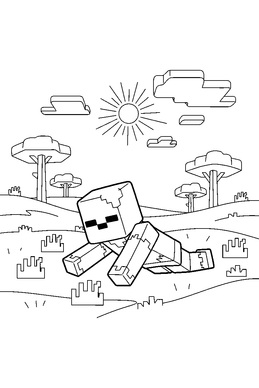 minecraft zombie slithering in a savanna line art