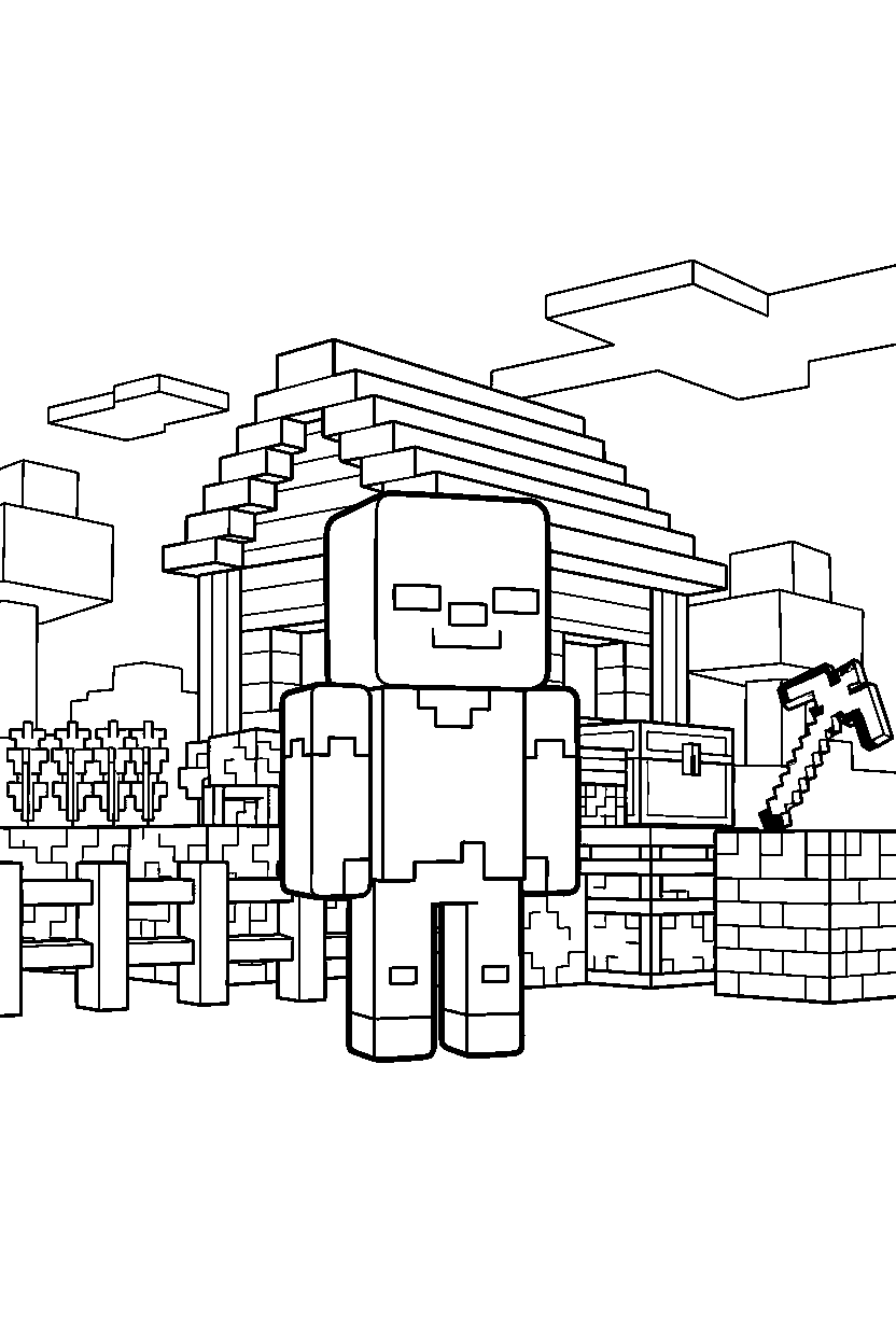 minecraft zombie standing calmly in a survival base line art