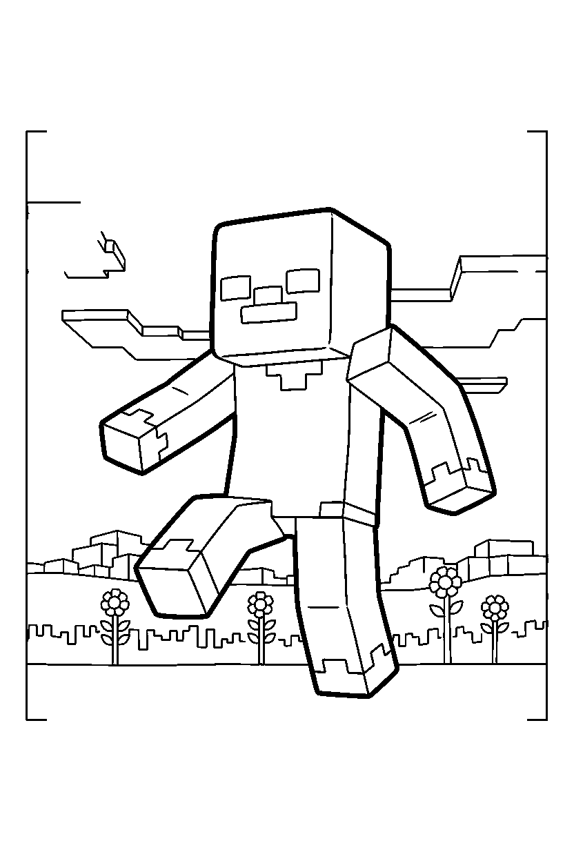 minecraft zombie stomping playfully in a meadow line art