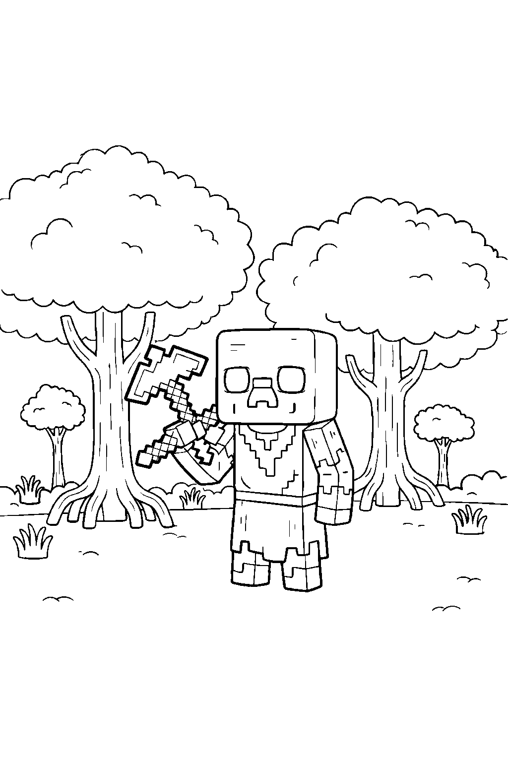 minecraft zombie villager carrying a tool in a mangrove swamp line art