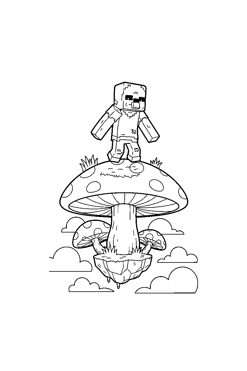 minecraft zombie villager flying calmly on a mushroom island line art