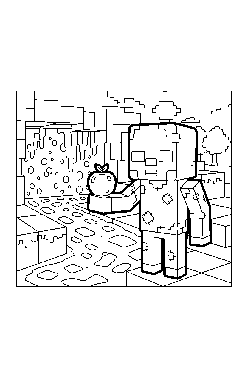 minecraft zombie villager holding an apple near a lava cave line art