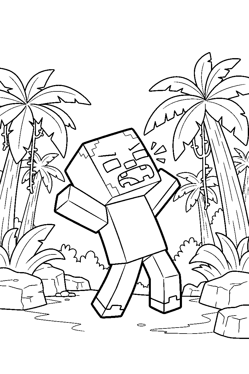 minecraft zombie villager howling playfully in a jungle line art