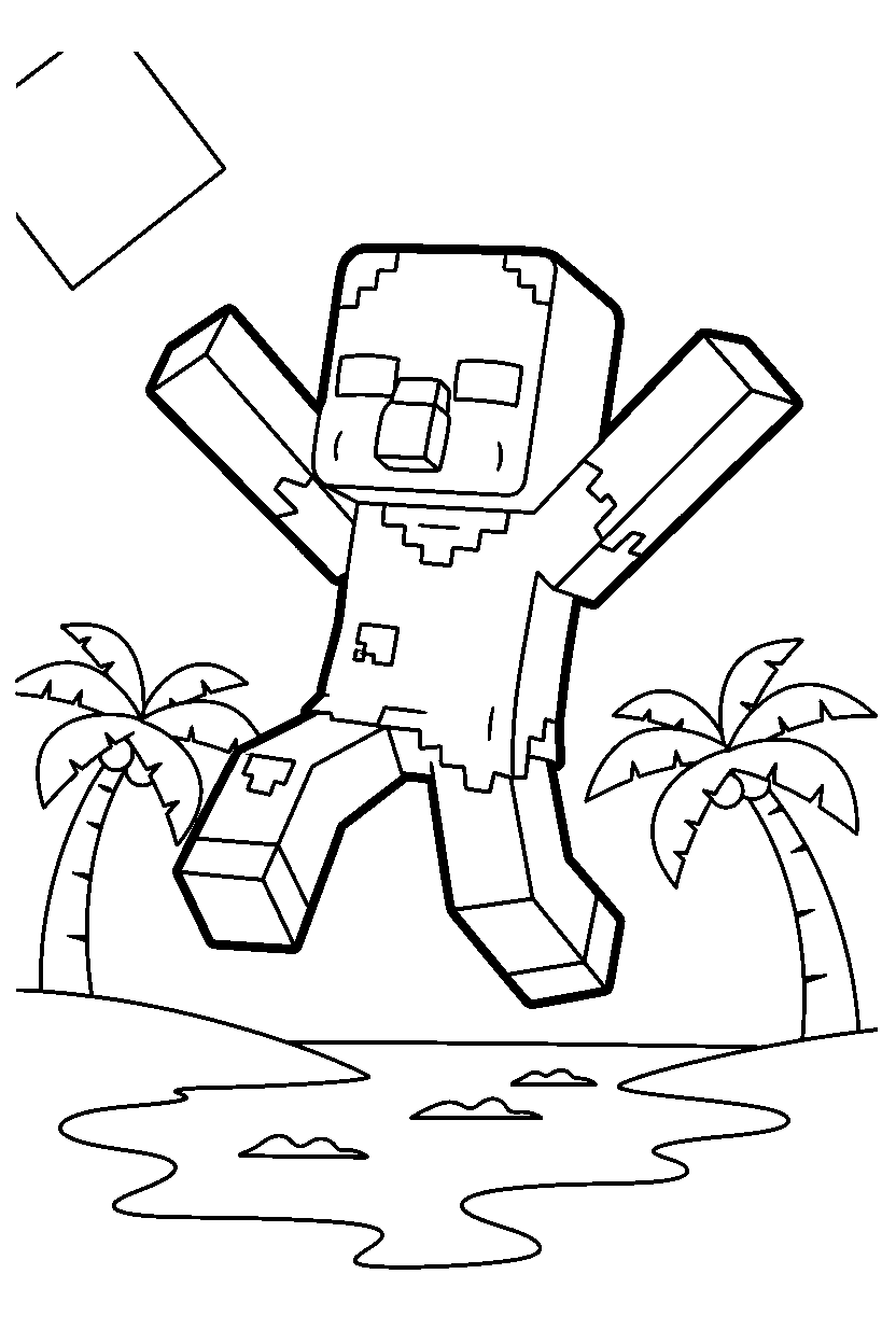 minecraft zombie villager jumping playfully on a beach line art