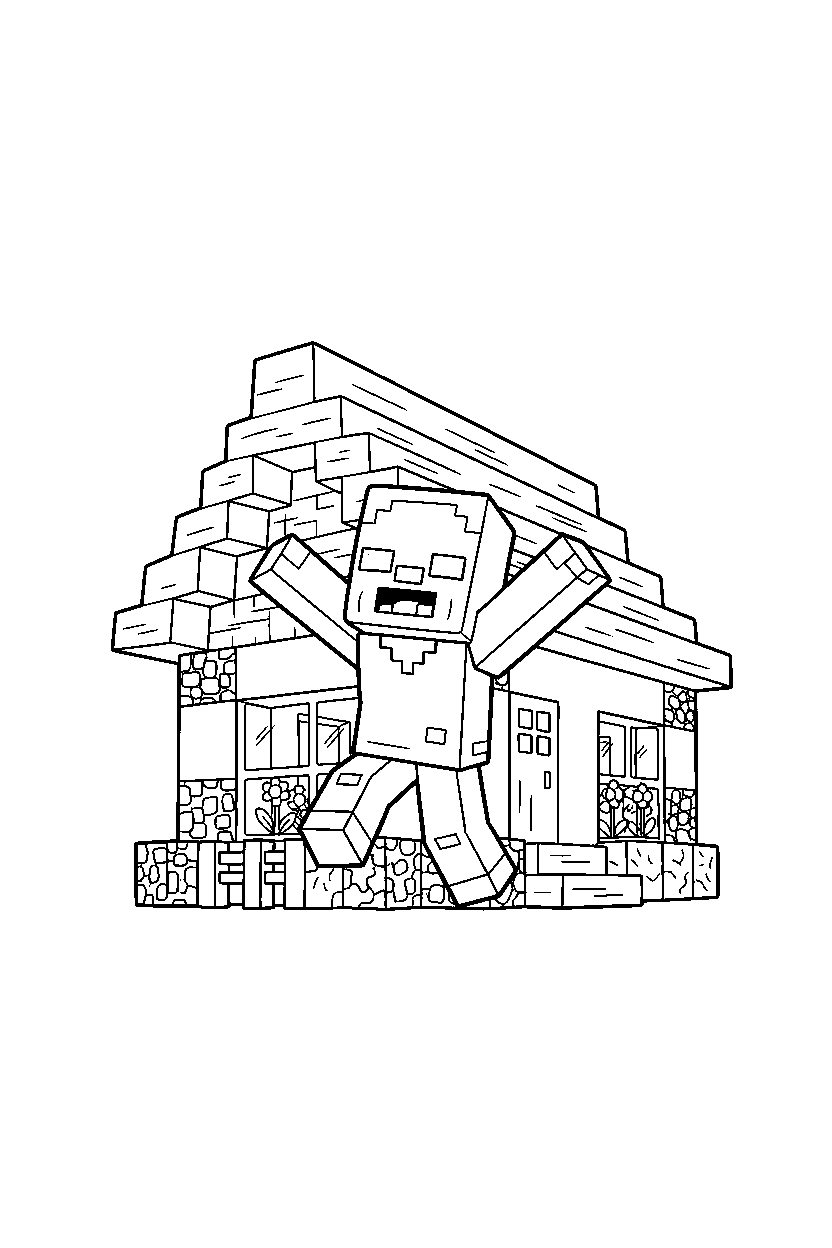minecraft zombie villager playing happily inside a house line art