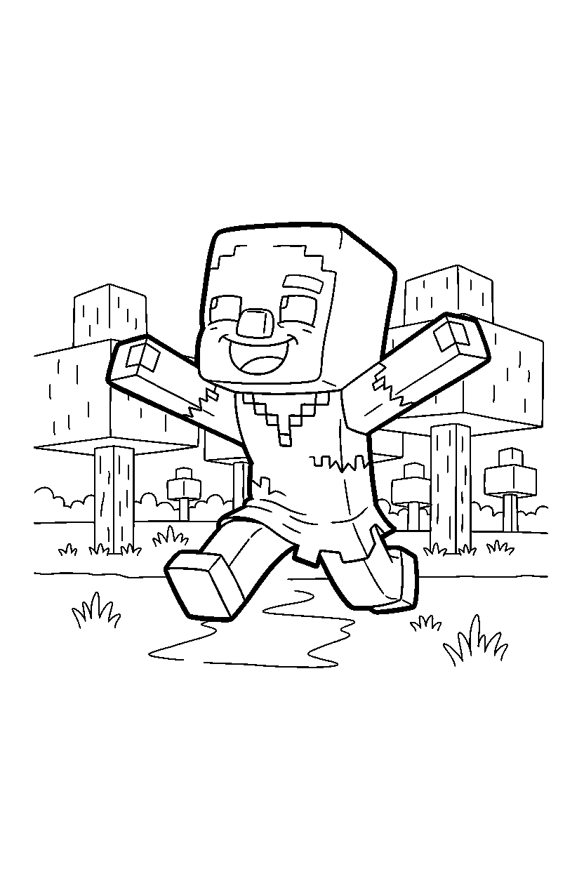 minecraft zombie villager running happily in a forest line art