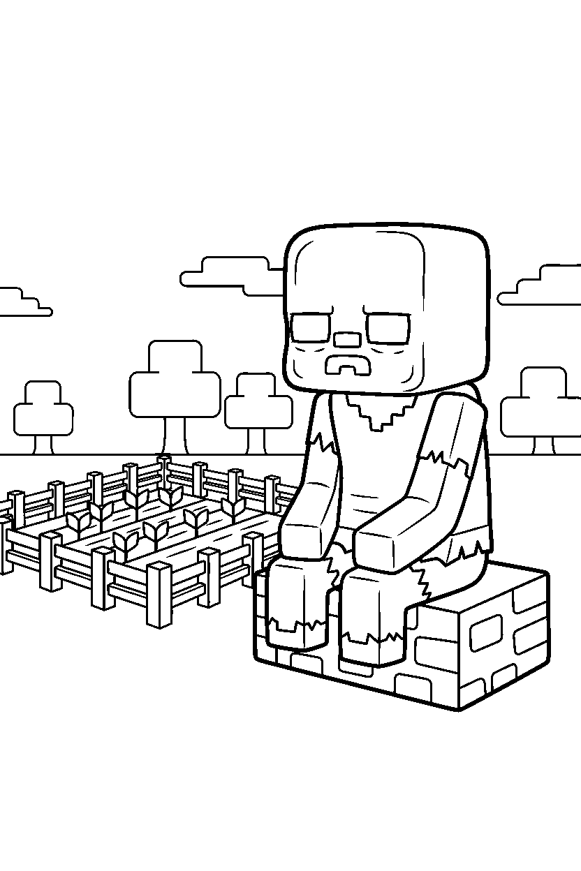 minecraft zombie villager sitting calmly near a farm field line art