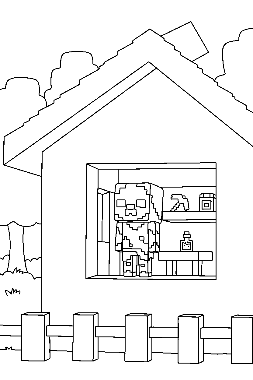 minecraft zombie villager watching calmly inside a house line art