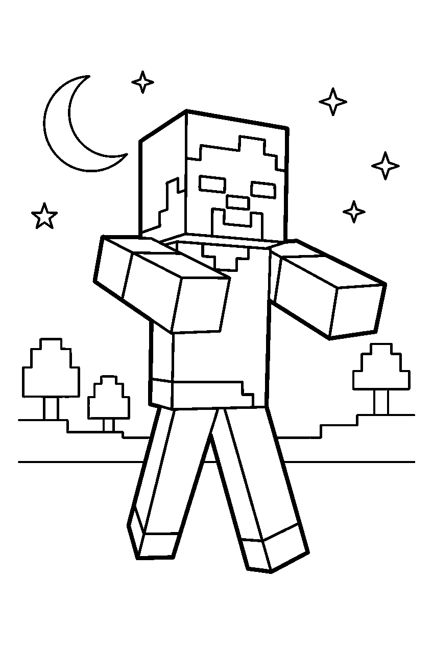 minecraft zombie walking at night line art